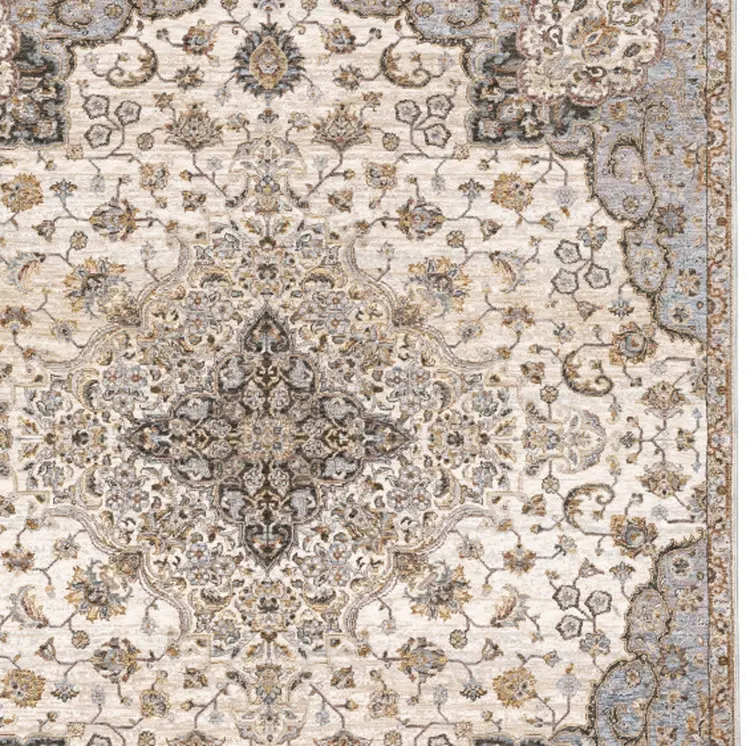 10' X 13' Ivory And Blue Oriental Power Loom Stain Resistant Area Rug With Fringe