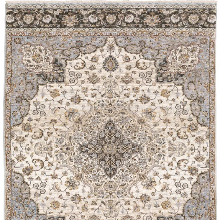 10' X 13' Ivory And Blue Oriental Power Loom Stain Resistant Area Rug With Fringe