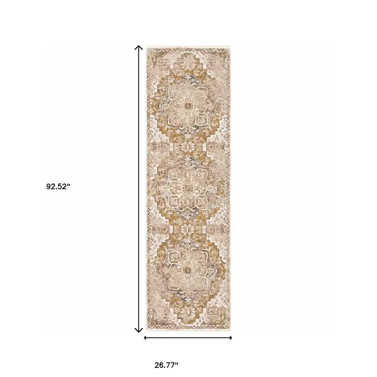 2' X 8' Gold And Ivory Oriental Power Loom Stain Resistant Runner Rug With Fringe