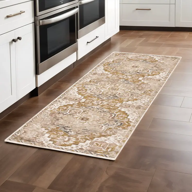 2' X 8' Gold And Ivory Oriental Power Loom Stain Resistant Runner Rug With Fringe