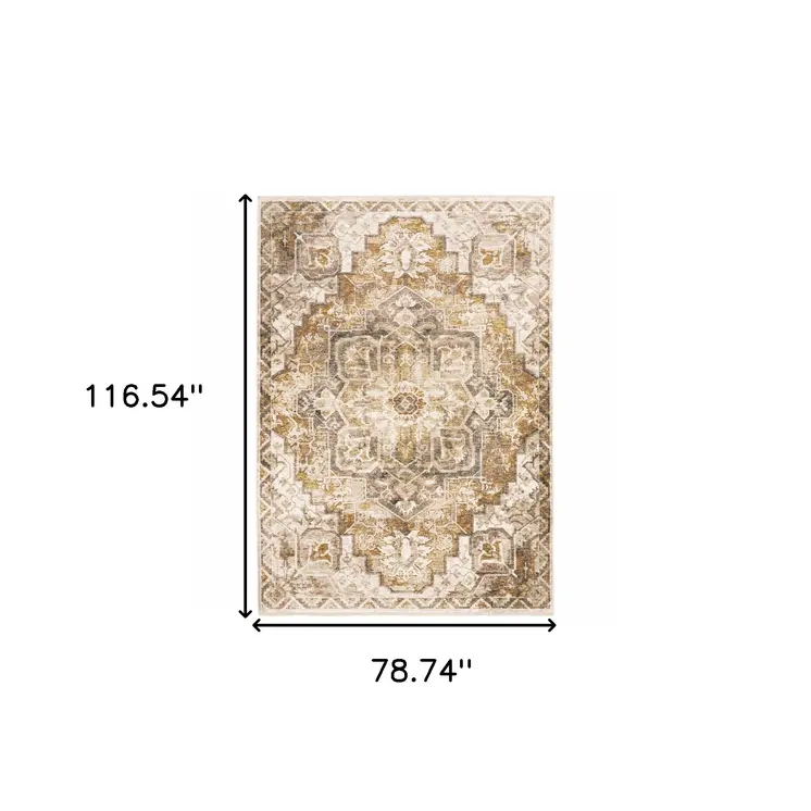 7' X 10' Gold And Brown Oriental Distressed Area Rug With Fringe