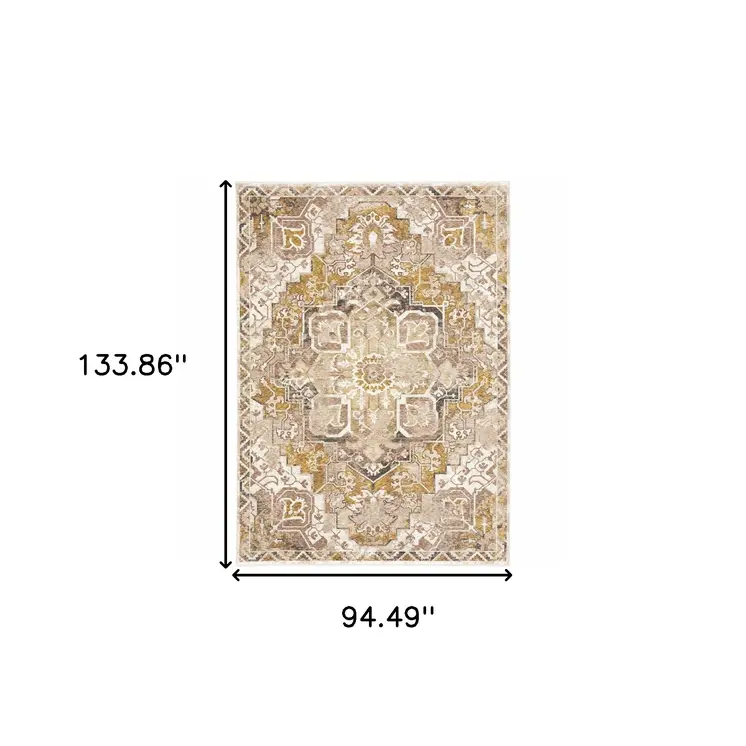 8' X 11' Gold And Brown Oriental Distressed Area Rug With Fringe