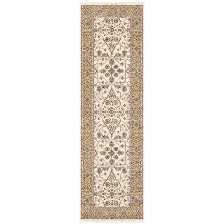2' X 8' Ivory And Gold Oriental Power Loom Stain Resistant Runner Rug With Fringe