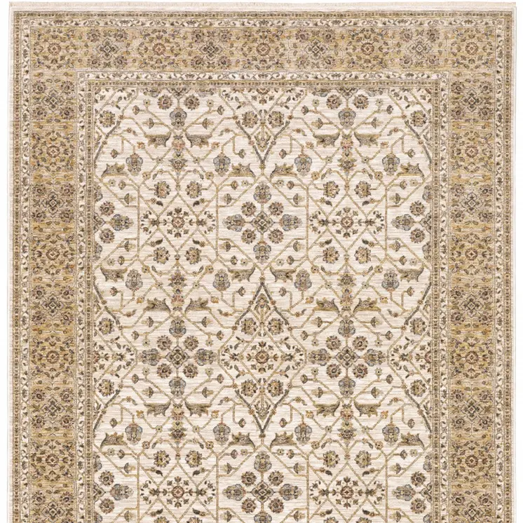 2' X 3' Ivory And Gold Oriental Power Loom Stain Resistant Area Rug With Fringe