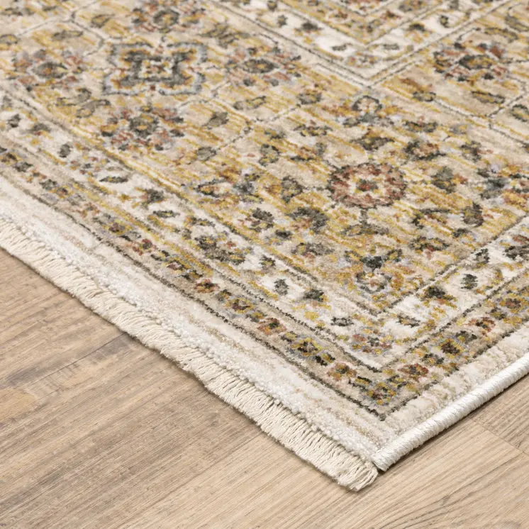 2' X 3' Ivory And Gold Oriental Power Loom Stain Resistant Area Rug With Fringe