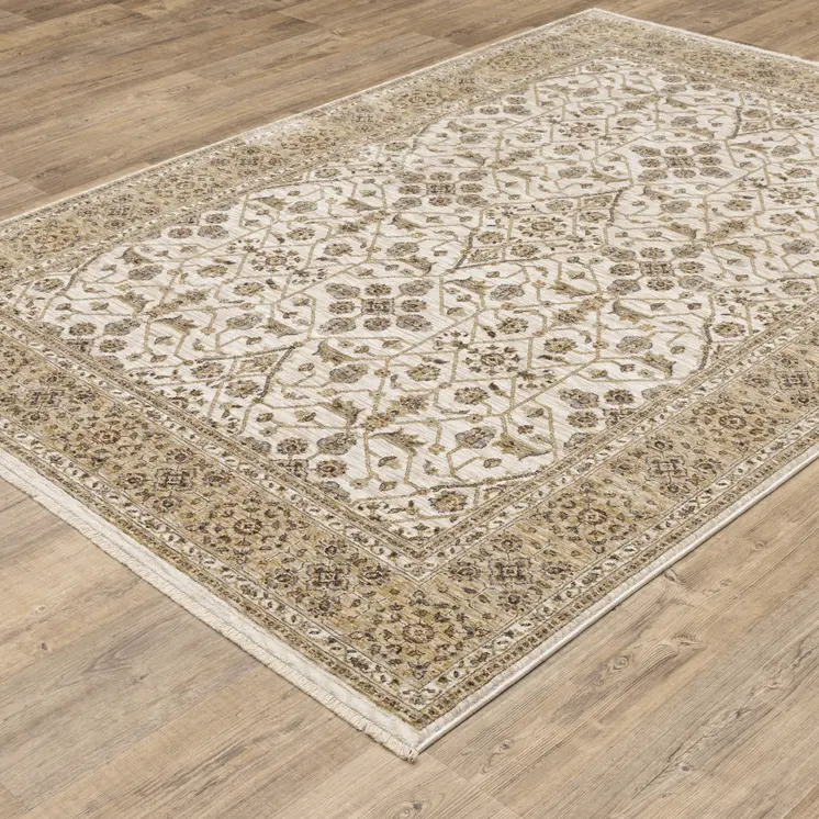 2' X 3' Ivory And Gold Oriental Power Loom Stain Resistant Area Rug With Fringe