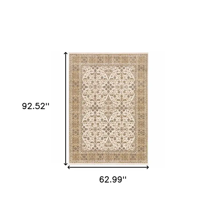5' X 8' Ivory And Gold Oriental Power Loom Stain Resistant Area Rug With Fringe