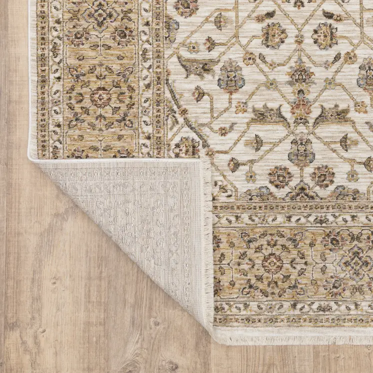 8' X 11' Ivory And Gold Oriental Area Rug With Fringe