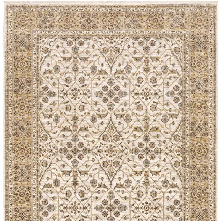 10' X 13' Ivory And Gold Oriental Power Loom Stain Resistant Area Rug With Fringe