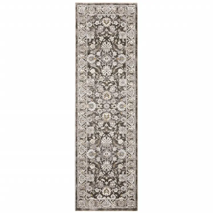 2' X 8' Grey And Ivory Oriental Power Loom Stain Resistant Runner Rug With Fringe