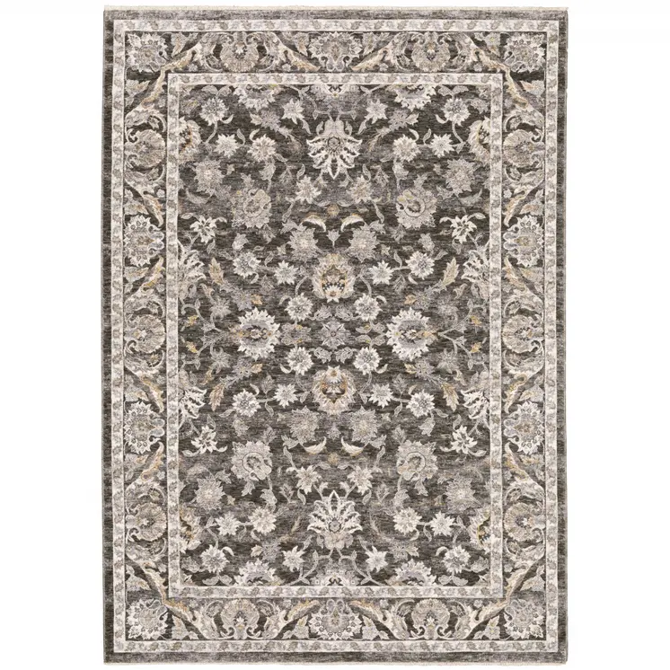 5' X 8' Grey And Ivory Oriental Power Loom Stain Resistant Area Rug With Fringe