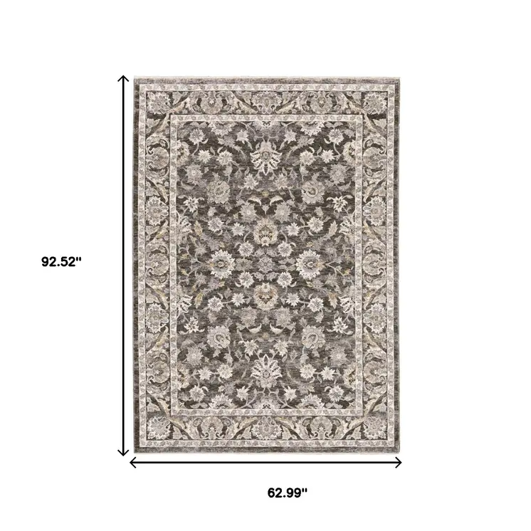 5' X 8' Grey And Ivory Oriental Power Loom Stain Resistant Area Rug With Fringe