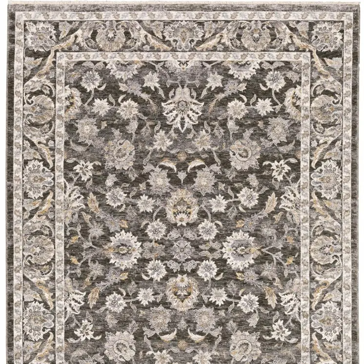 5' X 8' Grey And Ivory Oriental Power Loom Stain Resistant Area Rug With Fringe