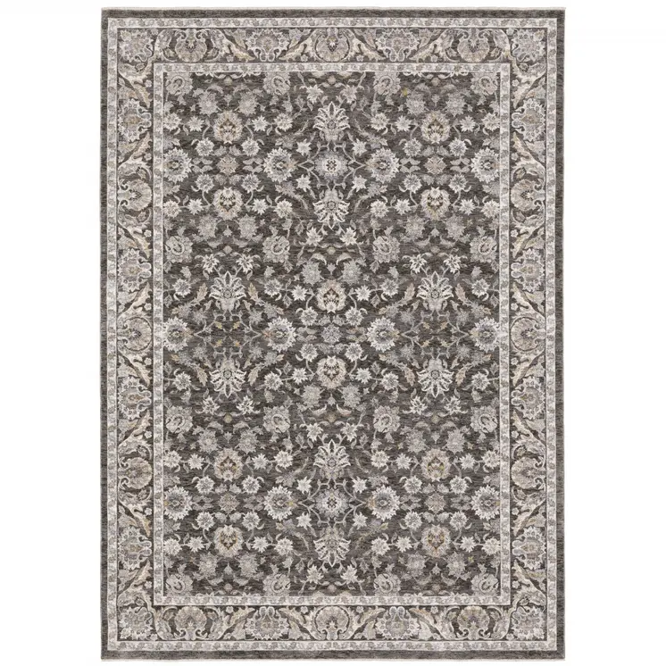 8' X 11' Grey And Ivory Oriental Power Loom Stain Resistant Area Rug With Fringe