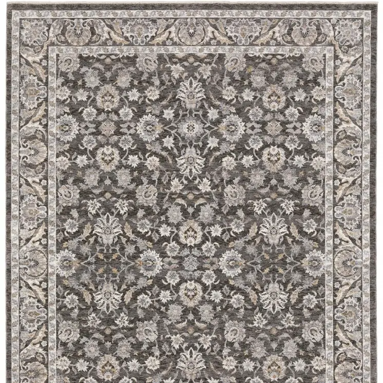 8' X 11' Grey And Ivory Oriental Power Loom Stain Resistant Area Rug With Fringe