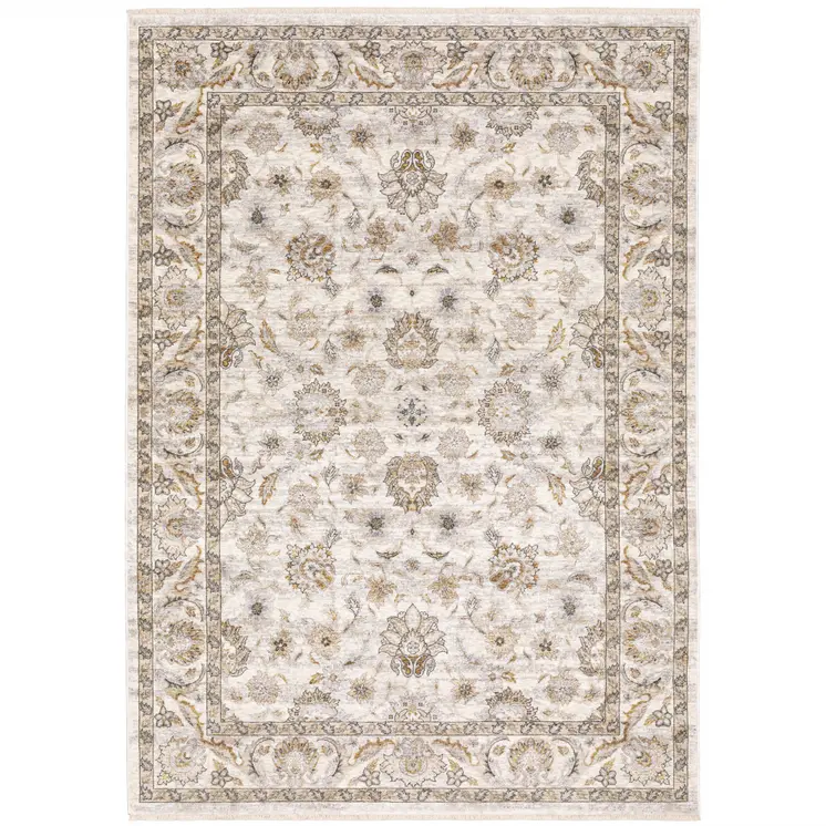 7' X 10' Ivory And Gray Oriental Area Rug With Fringe