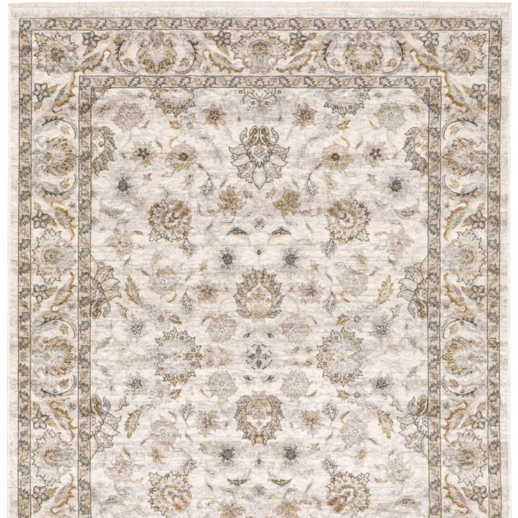 7' X 10' Ivory And Gray Oriental Area Rug With Fringe