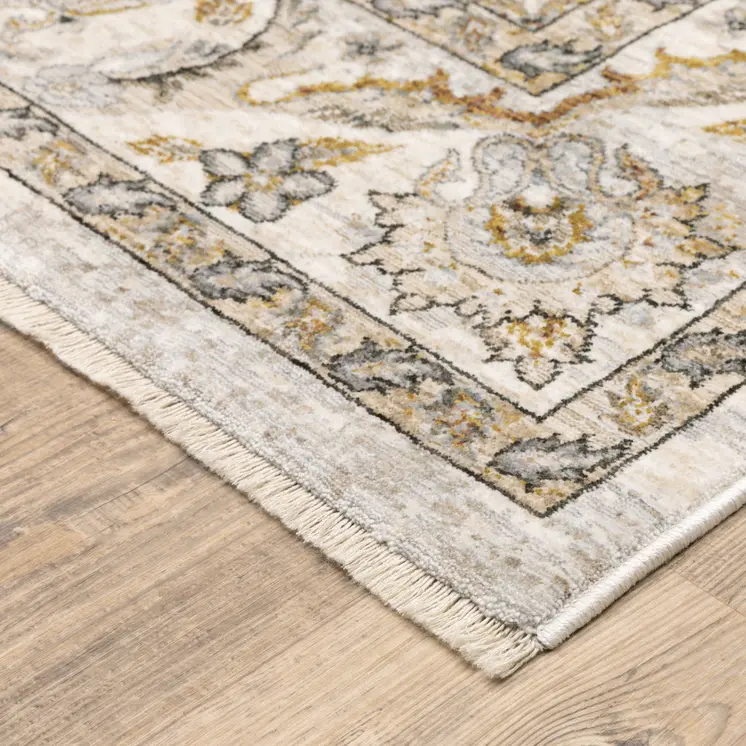 7' X 10' Ivory And Gray Oriental Area Rug With Fringe
