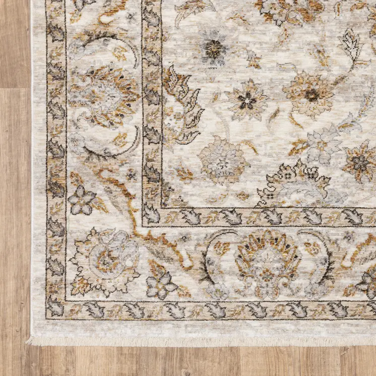 7' X 10' Ivory And Gray Oriental Area Rug With Fringe