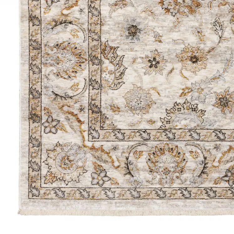 7' X 10' Ivory And Gray Oriental Area Rug With Fringe
