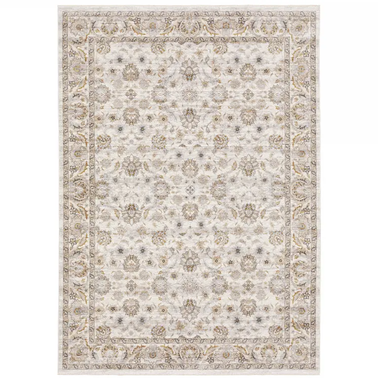 8' X 11' Ivory And Gray Oriental Area Rug With Fringe