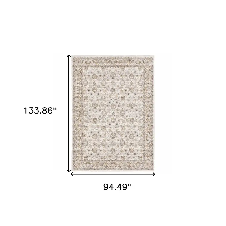8' X 11' Ivory And Gray Oriental Area Rug With Fringe