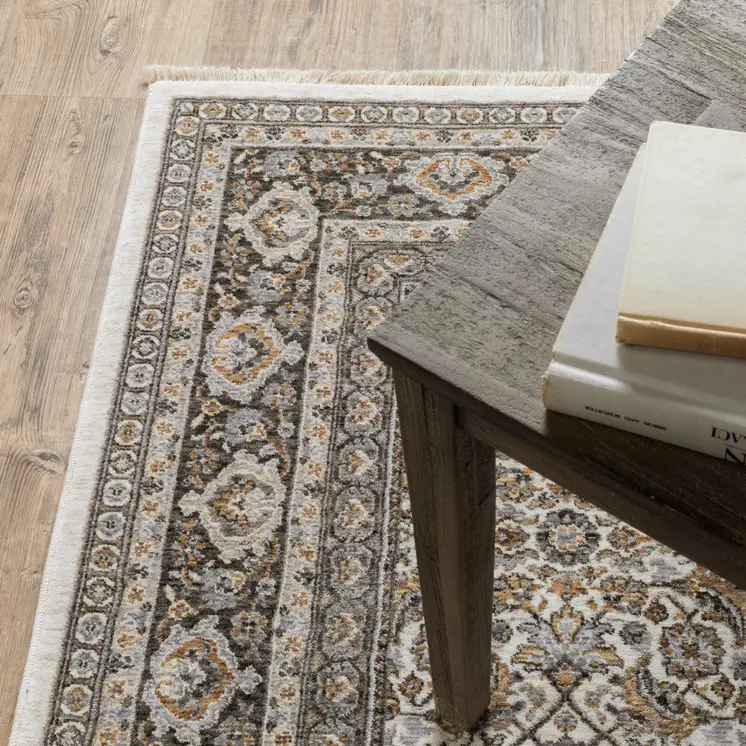 7' X 10' Ivory And Charcoal Oriental Area Rug With Fringe