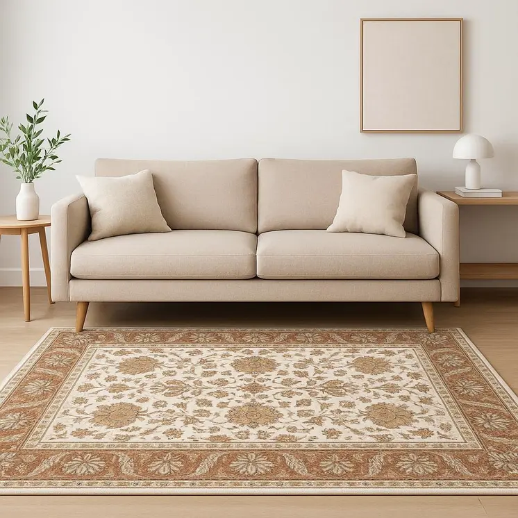 5' X 8' Rust And Ivory Oriental Power Loom Stain Resistant Area Rug With Fringe