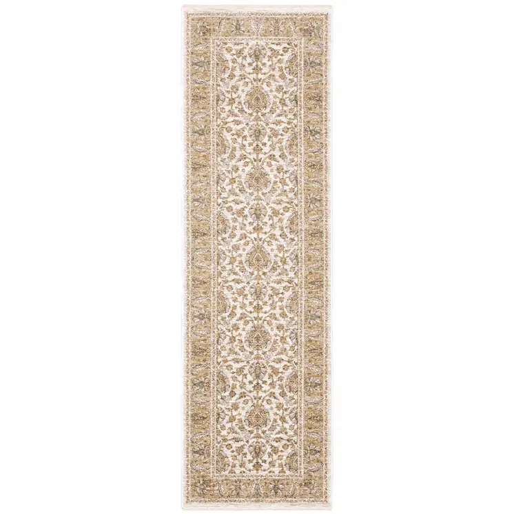 2' X 8' Ivory And Gold Oriental Power Loom Stain Resistant Runner Rug With Fringe