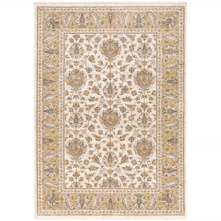 3' X 5' Ivory And Gold Oriental Area Rug With Fringe