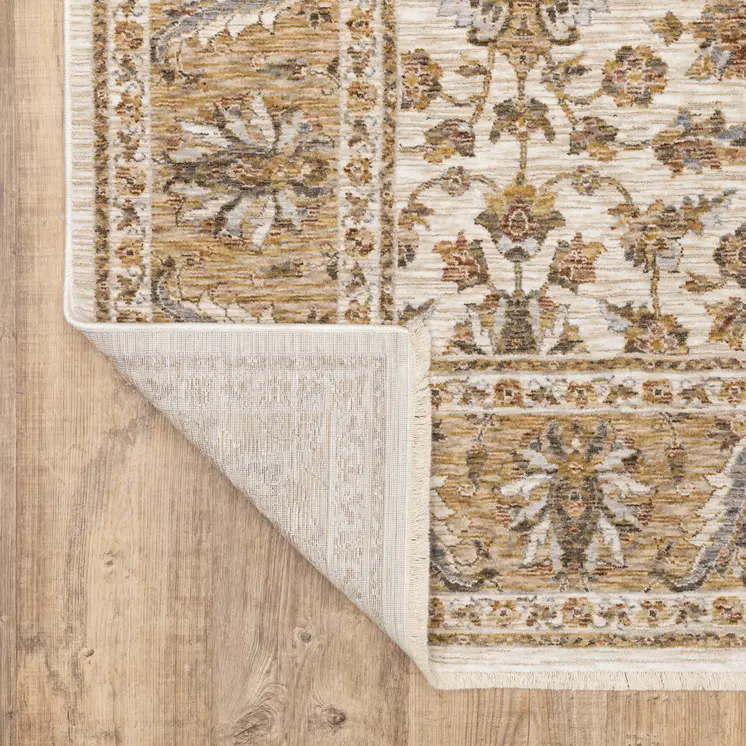 7' X 10' Ivory And Gold Oriental Area Rug With Fringe