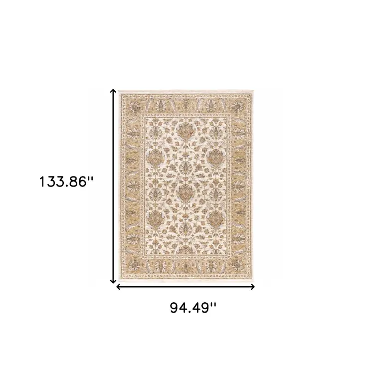 8' X 11' Ivory And Gold Oriental Area Rug With Fringe