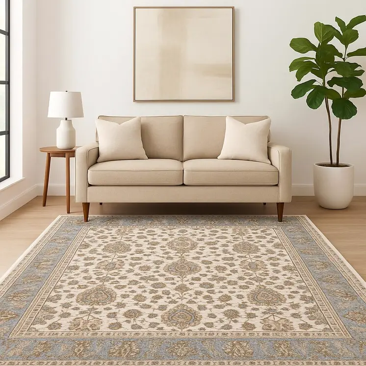 5' X 8' Ivory And Blue Oriental Power Loom Stain Resistant Area Rug With Fringe