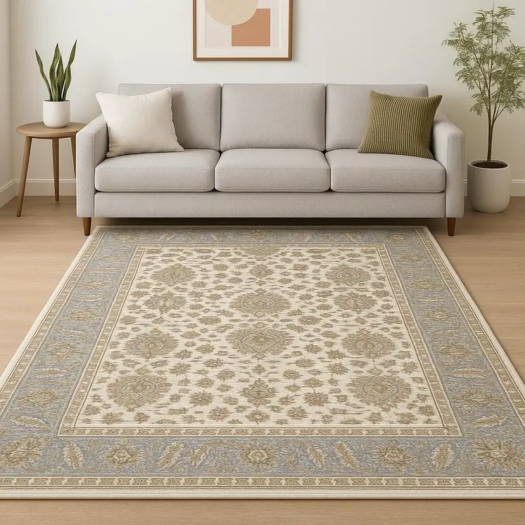 10' X 13' Ivory And Blue Oriental Power Loom Stain Resistant Area Rug With Fringe