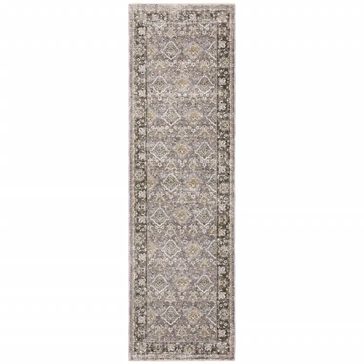 2' X 8' Grey And Blue Oriental Power Loom Stain Resistant Runner Rug With Fringe