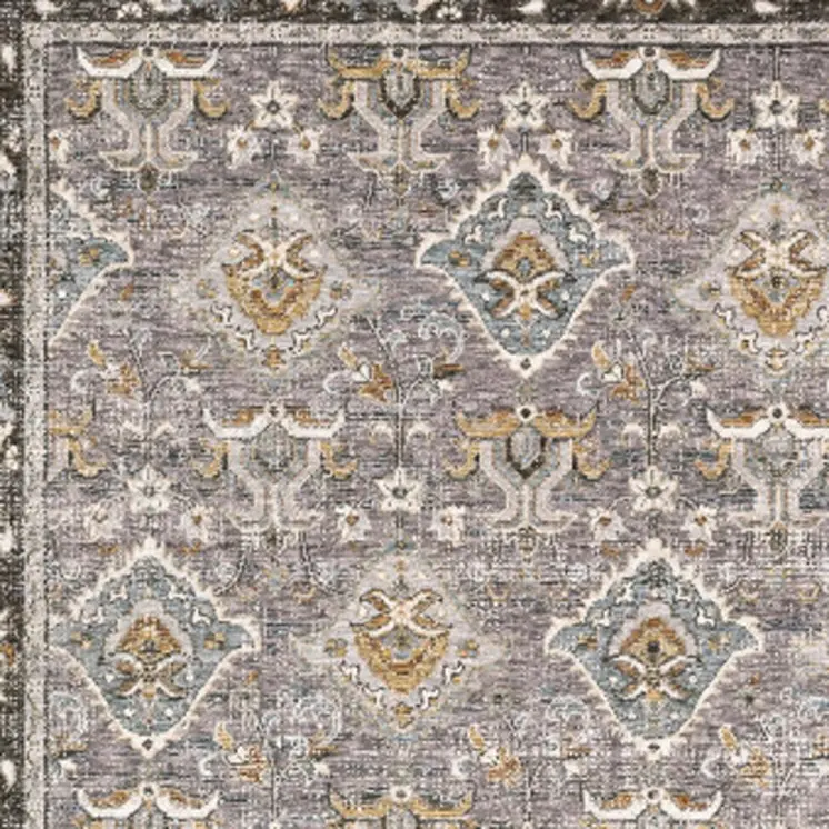 3' X 5' Grey And Blue Oriental Power Loom Stain Resistant Area Rug With Fringe