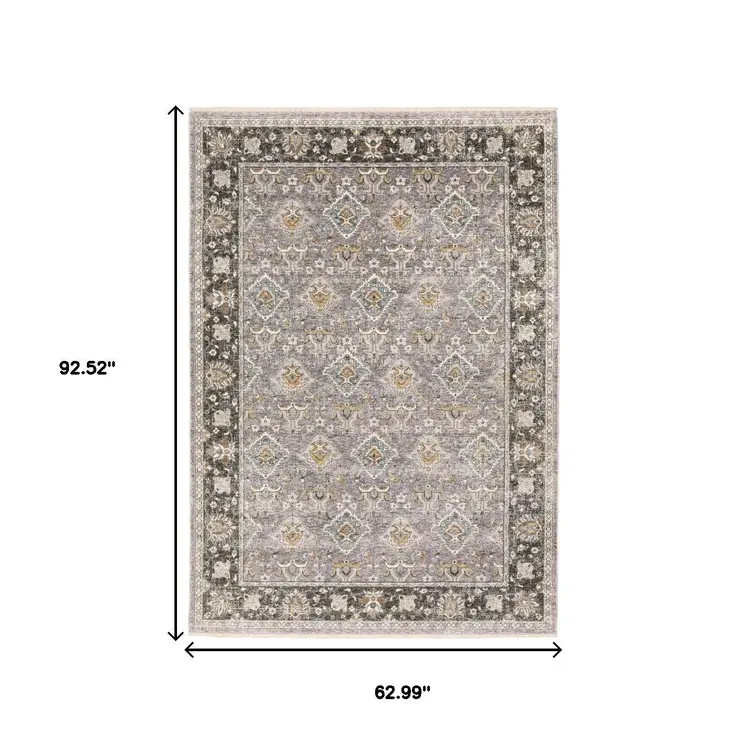 5' X 8' Grey And Blue Oriental Power Loom Stain Resistant Area Rug With Fringe