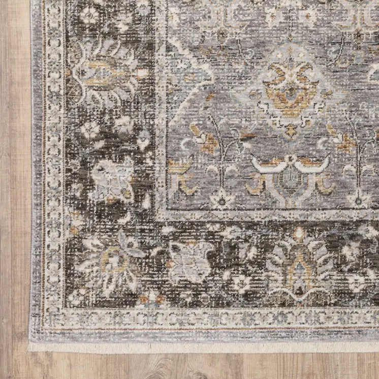 7' X 10' Gray And Blue Oriental Distressed Area Rug With Fringe