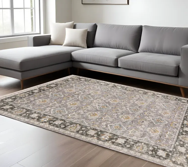 10' X 13' Grey And Blue Oriental Power Loom Stain Resistant Area Rug With Fringe