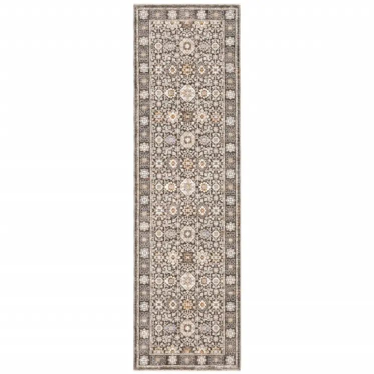 2' X 8' Grey And Ivory Oriental Power Loom Stain Resistant Runner Rug With Fringe