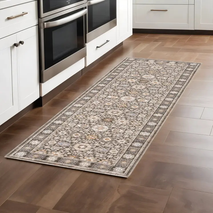 2' X 8' Grey And Ivory Oriental Power Loom Stain Resistant Runner Rug With Fringe