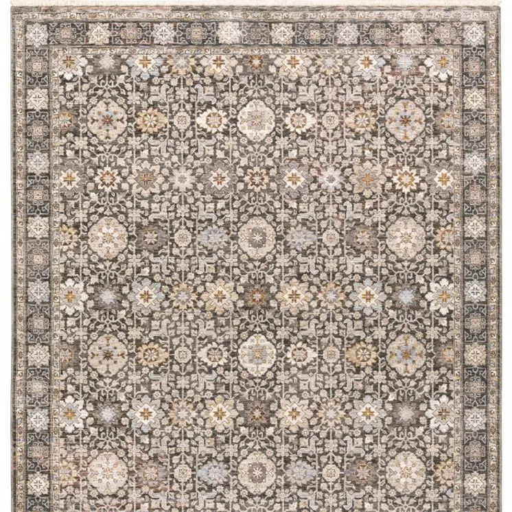 2' X 3' Grey And Ivory Oriental Power Loom Stain Resistant Area Rug With Fringe