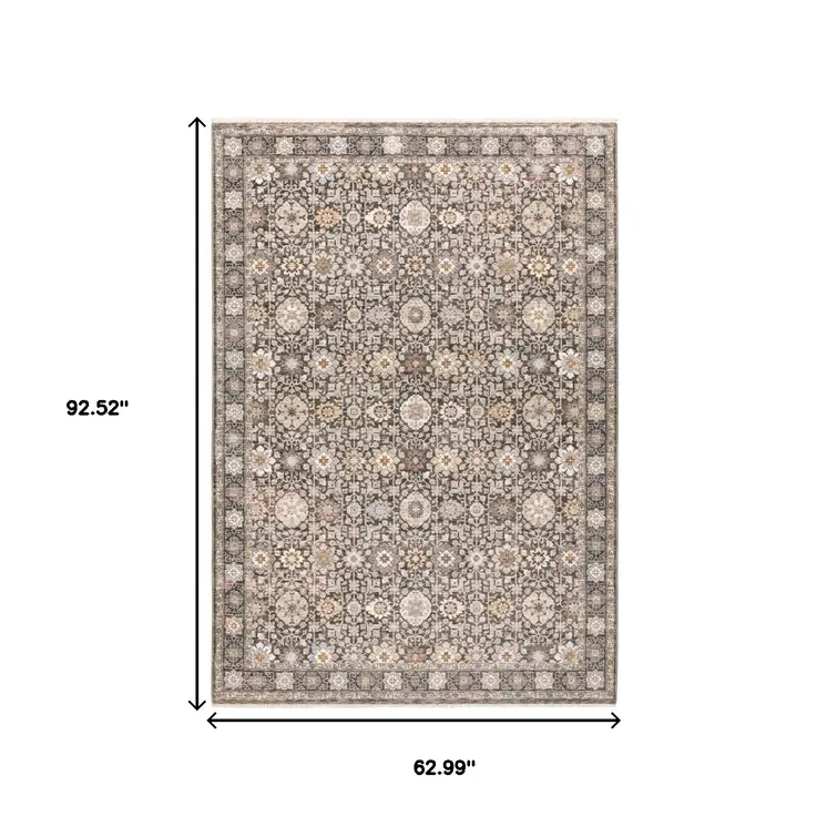 5' X 8' Charcoal And Ivory Oriental Area Rug With Fringe