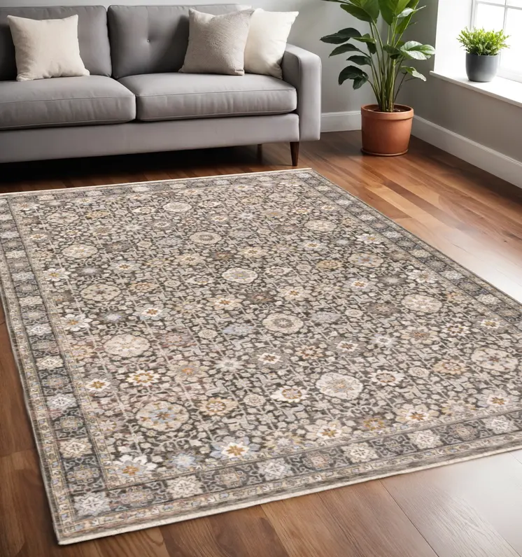 5' X 8' Charcoal And Ivory Oriental Area Rug With Fringe