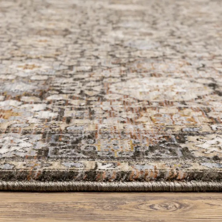 5' X 8' Charcoal And Ivory Oriental Area Rug With Fringe