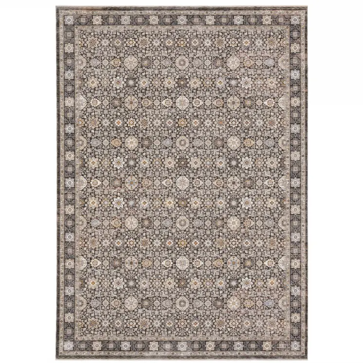 8' X 11' Charcoal Ivory and Beige Floral Power Loom Area Rug With Fringe