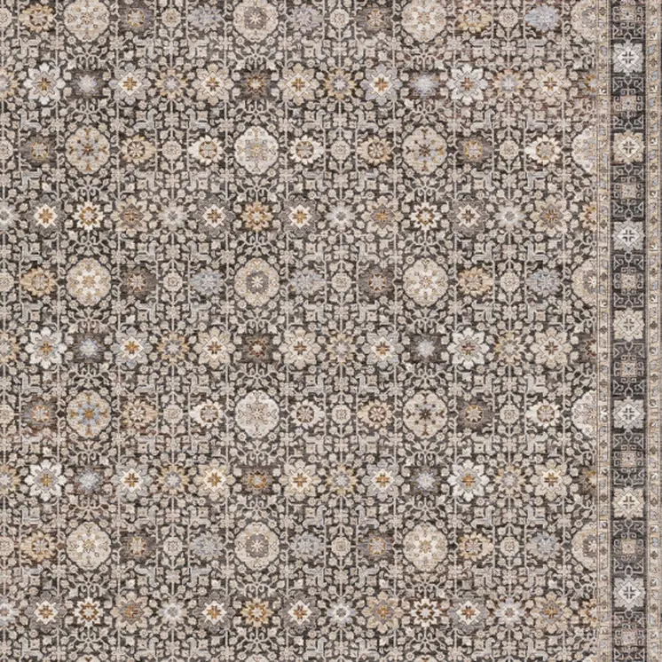 8' X 11' Charcoal Ivory and Beige Floral Power Loom Area Rug With Fringe