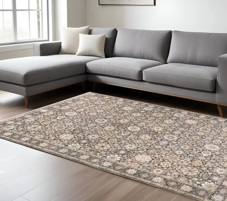 10' X 13' Charcoal And Ivory Oriental Area Rug With Fringe