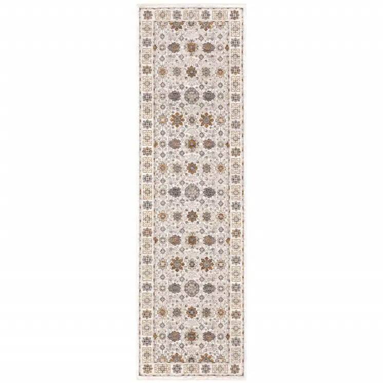 2' X 8' Ivory And Gold Oriental Power Loom Stain Resistant Runner Rug With Fringe