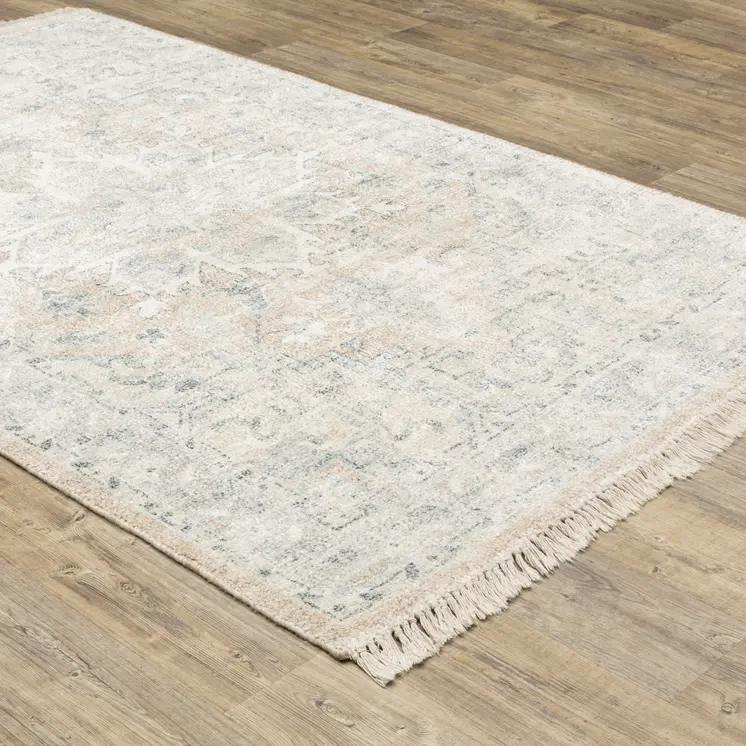 10' X 13' Beige And Grey Oriental Hand Loomed Stain Resistant Area Rug With Fringe